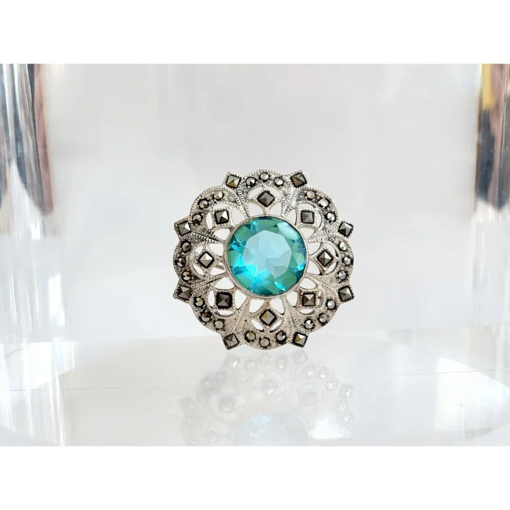 SOLD -Sterling Silver Vintage 925 Stamped Natural Marcasite & Acquamarine Brooch - Picture 9 of 9